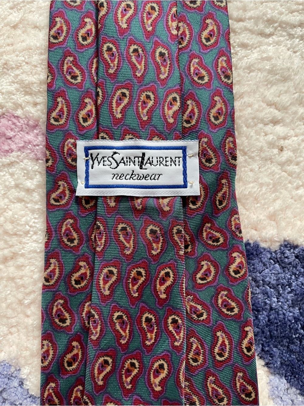 YSL Yves Saint Laurent 100% Silk Paisley Necktie Teal Blue / Magenta